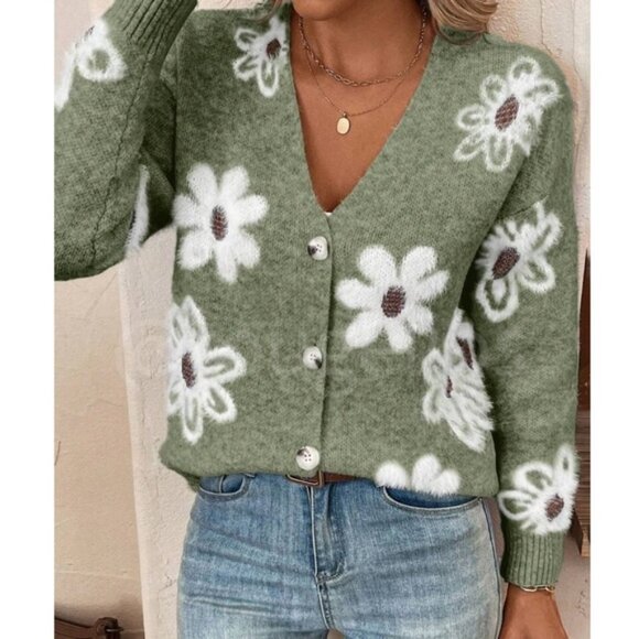 Green Cardigan Knit Flower Textured Button Front  Stretchy, Soft - Picture 1 of 9
